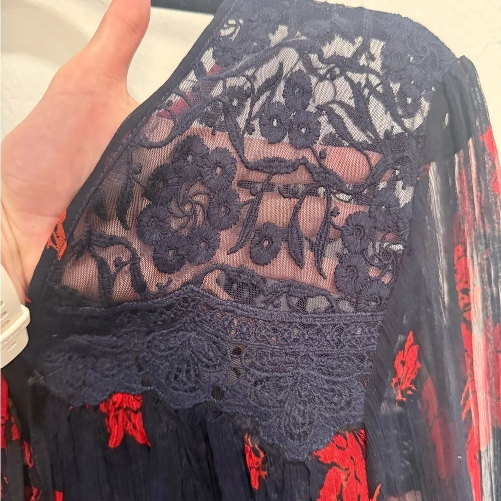 Free People Navy and Red Floral Sheer Blouse